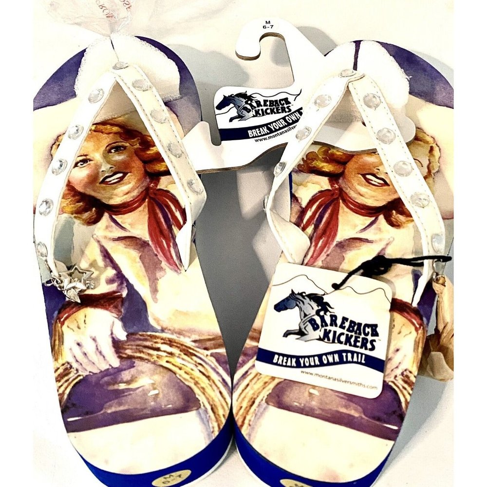 Bareback Kickers Womens Thong Sandal Flip Flops Med 6-7 Cowgirl White Studs